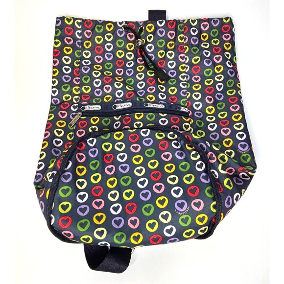 LeSportSac Sling Bucket Crossbody Bag Drawstring Top Reversible Hearts Navy EUC - Picture 7 of 16